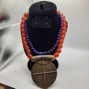 Ashanti Ghana Double Strand 18 Inch Glass Bead Necklace With Brass Pendant